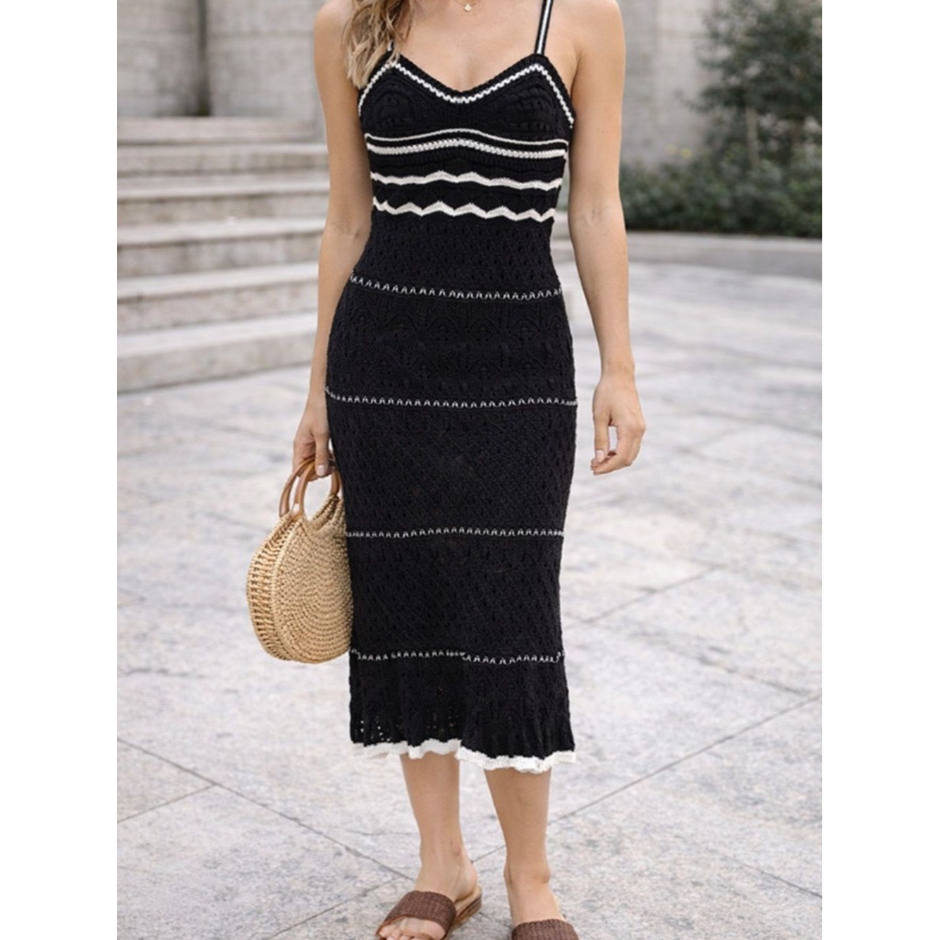 Olive + Oak Black Crochet Midi Dress Small Boho Knit Lined